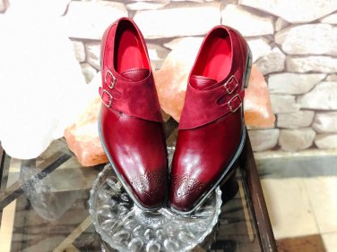 Men's Maroon Double Buckle Strap Burnished Toe Real Leather Handmade Shoes