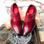 Men's Maroon Double Buckle Strap Burnished Toe Real Leather Handmade Shoes