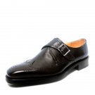 Handmade Single Buckle Monk Straps Wing Tip Black Genuine Leather Brogue Toe Shoes
