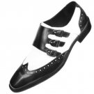 Two Tone Black White Triple Buckle Monk Straps Genuine Leather Wing Tip Derby Handmade Shoes