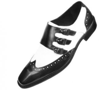 Two Tone Black White Triple Buckle Monk Straps Genuine Leather Wing Tip Derby Handmade Shoes