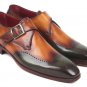 Brown Two Tone  Leather Monk Single Buckle Strap Wing Tip Brogues Toe Patina  Shoes for Men's