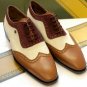 Rounded Oxford Toe Three Tone Wing Tip Genuine Leather Handmade Lace Up Shoes