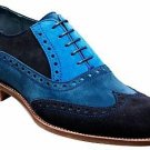 Two Tone Blue Wing Tip Oxford Real Suede Leather Natural Color Sole Lace Up Shoes