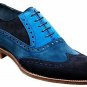 Two Tone Blue Wing Tip Oxford Real Suede Leather Natural Color Sole Lace Up Shoes