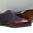 Two Tone Brown & Blue Wing Tip Suede Leather Lace Up Burnished Oxford Handmade Shoes