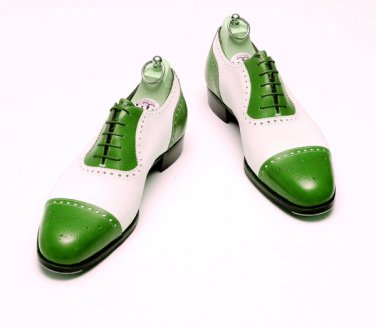 Two Tone White Green Cap Toe Luxury Fashionable Handmade Real Leather Shoes