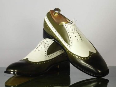 White & Olive Green Long wing Handmade Laced Up Burnished Formal Dress Oxford Leather Shoes