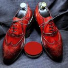 Hand stitch Custom Handmade Bespoke Patina Brogue Shoes Wing tip Maroon Leather