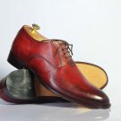 Handmade Burgundy Brogue Toe Lace Up Leather Shoes For Men's