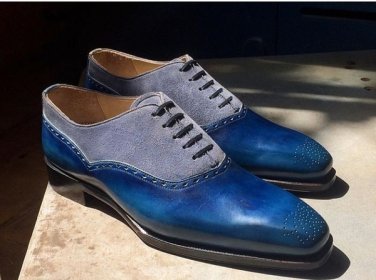 Handmade Men's Blue Gray Suede Leather Shoes, Lace Up Stylish Brogue Dress Formal Shoes