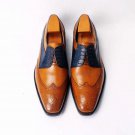 Handmade Men's Casual Shoes, Men's Tan & Blue Leather Wing Tip Lace Up Casual Shoes