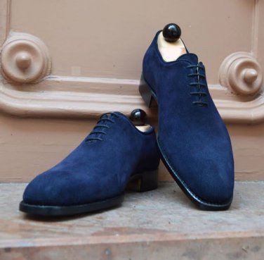 Handmade Men's Derby Style Shoes, Men's navy blue Suede Lace Up Shoes