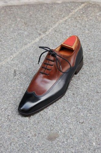 Handmade Men's Shoes, Men's Brown & Black Leather Wing Tip Lace Up Dress Formal shoes