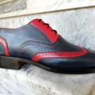 Handmade Men's Wing Tip Lace Up Shoes, Men's Navy Blue & Red Leather Brogue Shoes