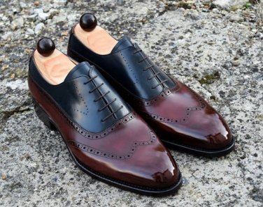 Handmade Men's Wing Tip Shoes, Men's Brown Blue Leather Lace Up Shoes