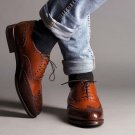 Men's Handmade Tan Brown Wing Tip Brogue Leather Lace Up Shoes