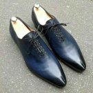 Men's Oxford Blue Genuine Leather Burnished Pointed Derby Toe Handmade Shoes