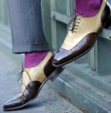New Two Tone Brown  & Beige Leather Hand Stitch lace up Shoes