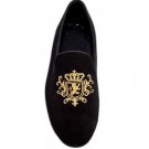 HAND MADE MEN LION EMBROIDERY BLACK HANDMADE VELVET LOAFERS SHOES