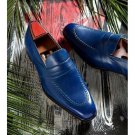 Handmade Blue Color Leather Penny Loafers Shoes For Men's