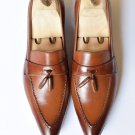 Handmade Brown Loafer Slip On Real Leather Burnished Pointed Toe Tassel Shoes
