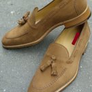 Handmade Men Oxford Tassels Shoes, Men Brown Suede formal loafer shoes