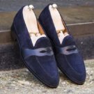 Handmade Men's Loafer Shoes, Men's Navy Blue Suede Loafer Slips Formal Shoes.