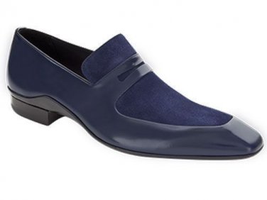 Handmade Navy Blue Color Leather & Suede, Men's Loafer Slip On Moccasin Shoes