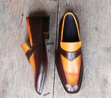 Men's Handmade Tan Brown Leather formal shoes Slip On Slippers
