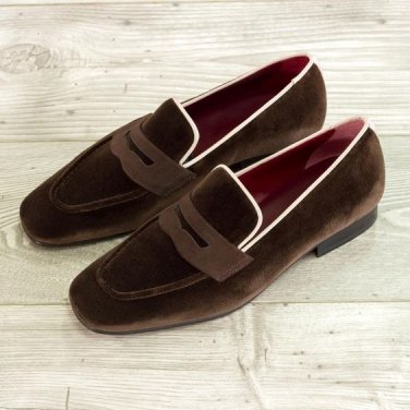 Men's Handmade Brown Velvet Shoes, Penny Loafers Moccasin Shoes