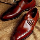Christmas Dark Brown Handmade Single Monk Leather Wingtip Brogue Wedding Shoes