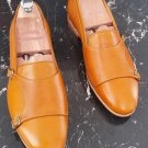 Tan Double Monk Handmade Leather Shoes, Men's Party Wear Decent Personality Shoes