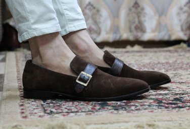 Handmade Brown Monk Strap Suede Leather shoes for Men's