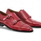 Handmade Burgundy Cap Toe Double Monk Straps Leather Shoes, Men's Formal Shoes