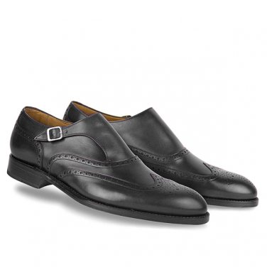 Handmade Men's Monk Shoes, Wing Tip Brogue  Black Leather Strap Formal Shoes