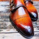 Handmade Tan Brown Oxford Triple Monk  Brogue Strap Anniversary Shoes In Genuine Leather