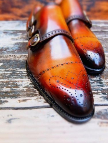 Handmade Tan Brown Oxford Triple Monk  Brogue Strap Anniversary Shoes In Genuine Leather