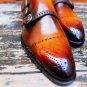 Handmade Tan Brown Oxford Triple Monk  Brogue Strap Anniversary Shoes In Genuine Leather