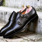 Handmade Black Color Cap Toe Double Monk Strap Genuine Leather Office Shoes