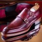 Men's Burgundy Color Double Monk leather shoes Men Dress Formal Straps Shoes