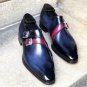 Men's Handmade Blue Double Monk Leather Shoes, Men Dress Buckle Shoes