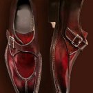 Men's Handmade Burgundy Leather formal shoes, Men's Monk Strap Split Toe Shoes
