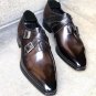 Men's Handmade Dark Brown Double Monk Leather Shoes, Men Dress Buckle Shoes