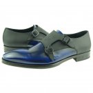 Genuine Leather Gray Blue Rounded Toe Handmade Double Buckle Strap Monk Shoes