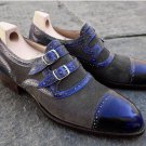 Gray Blue Genuine Leather Cap Toe Double Buckle Straps Monk Men Party Wear Shoes