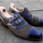 Gray Blue Genuine Leather Cap Toe Double Buckle Straps Monk Men Party Wear Shoes