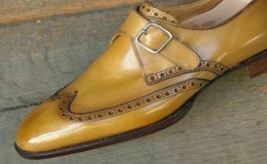 Men Monks Mustard Color Single Buckle Strap Magnificent Premium Quality Leather Shoes