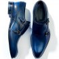 Men's Blue Monk Double Buckle Strap Plain Burnished Toe Genuine Leather Shoes