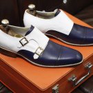 New Men's Handmade Formal Shoes Navy Blue and White Leather Two Tone Double Monk
